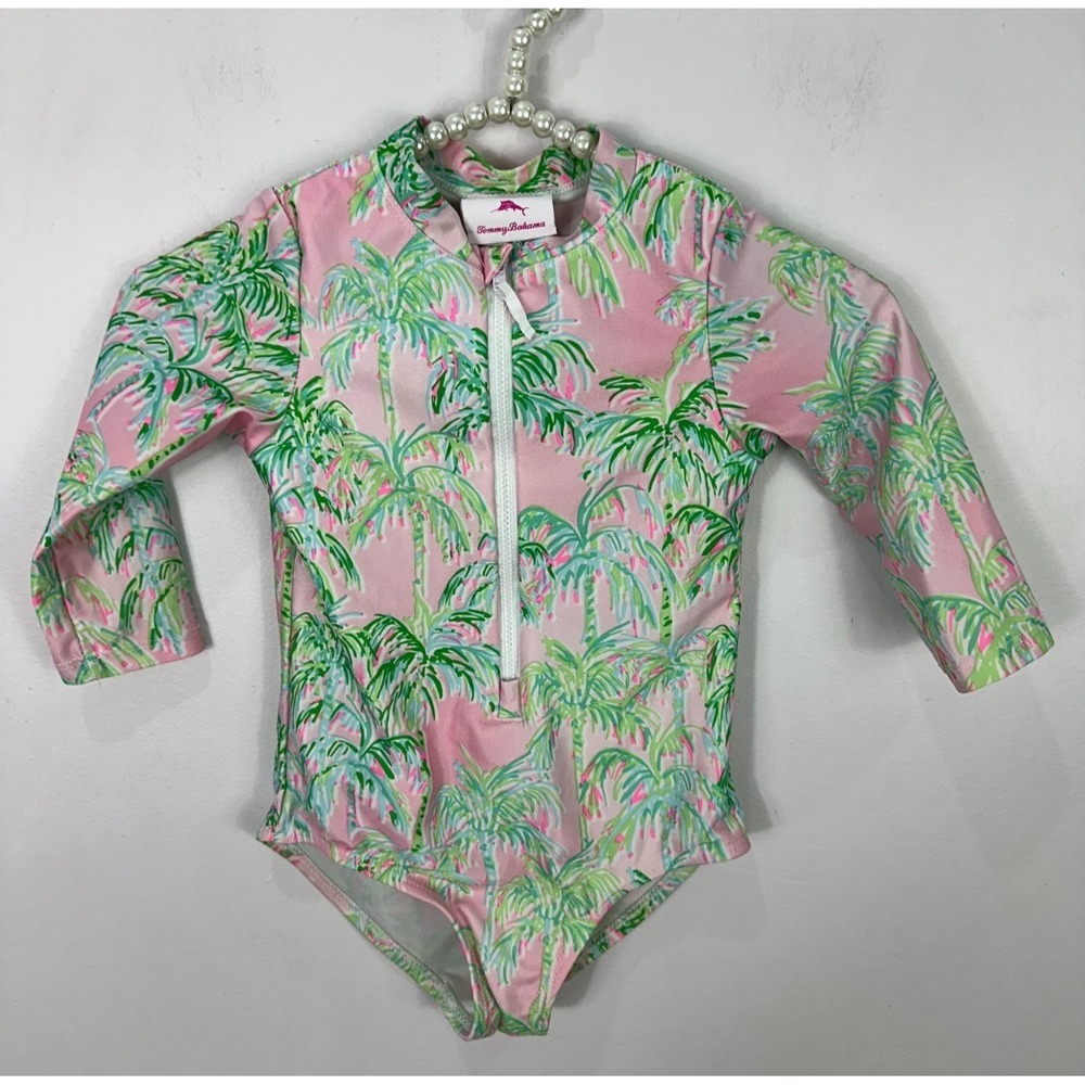 Tommy Bahama Rash Guard Swimsuitβ Girls XS 4 Pink Palm Tree Tropical Long Sleeve